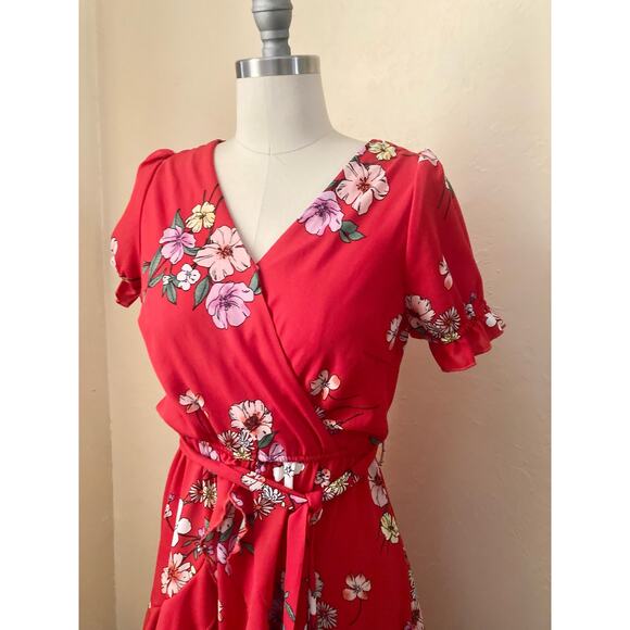 Purple Snow Women's Mini Dress Size M Red Floral Flounce Belt V-Neck - Picture 3 of 7
